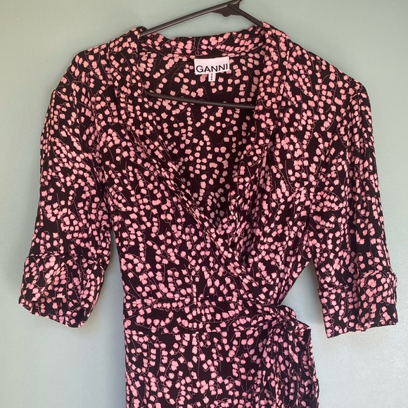 GANNI black and pink floral wrap midi dress one size fits all - Picture 7 of 11
